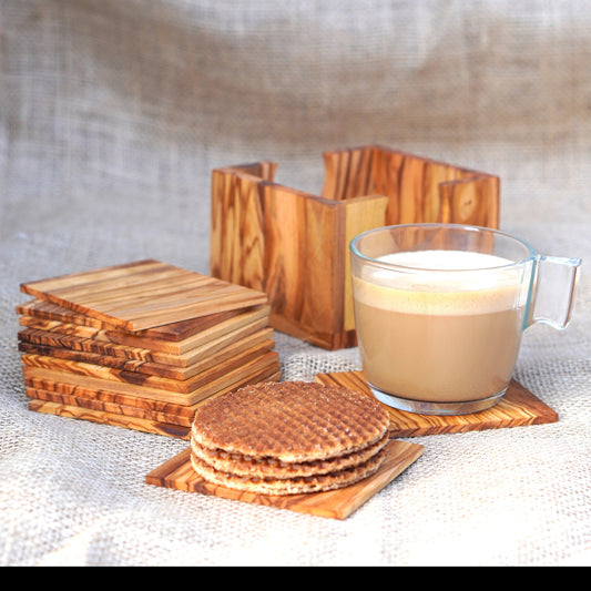 Set of 12 Coasters in a square holder olive wood