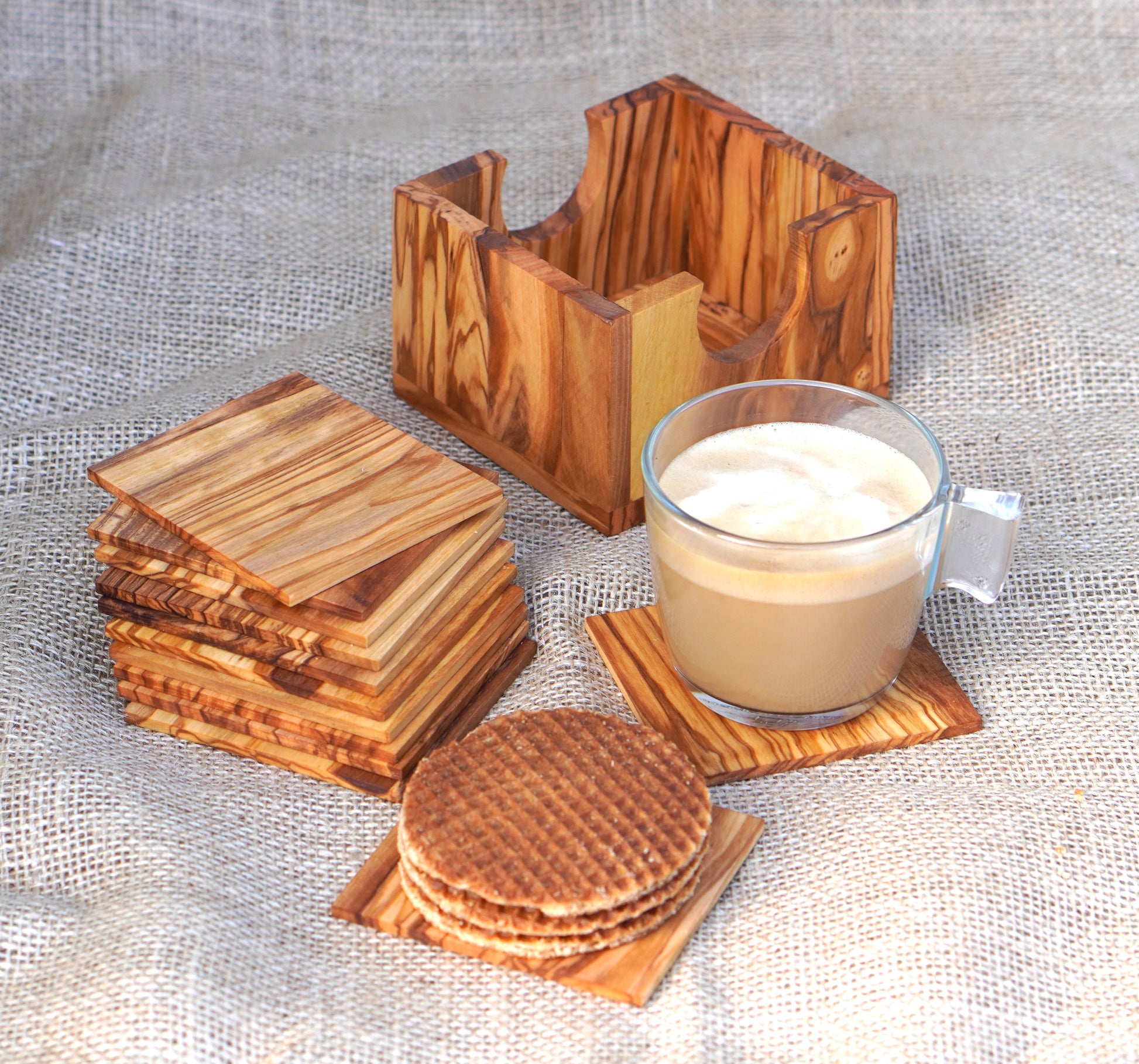 Set of 12 Coasters in a square holder olive wood