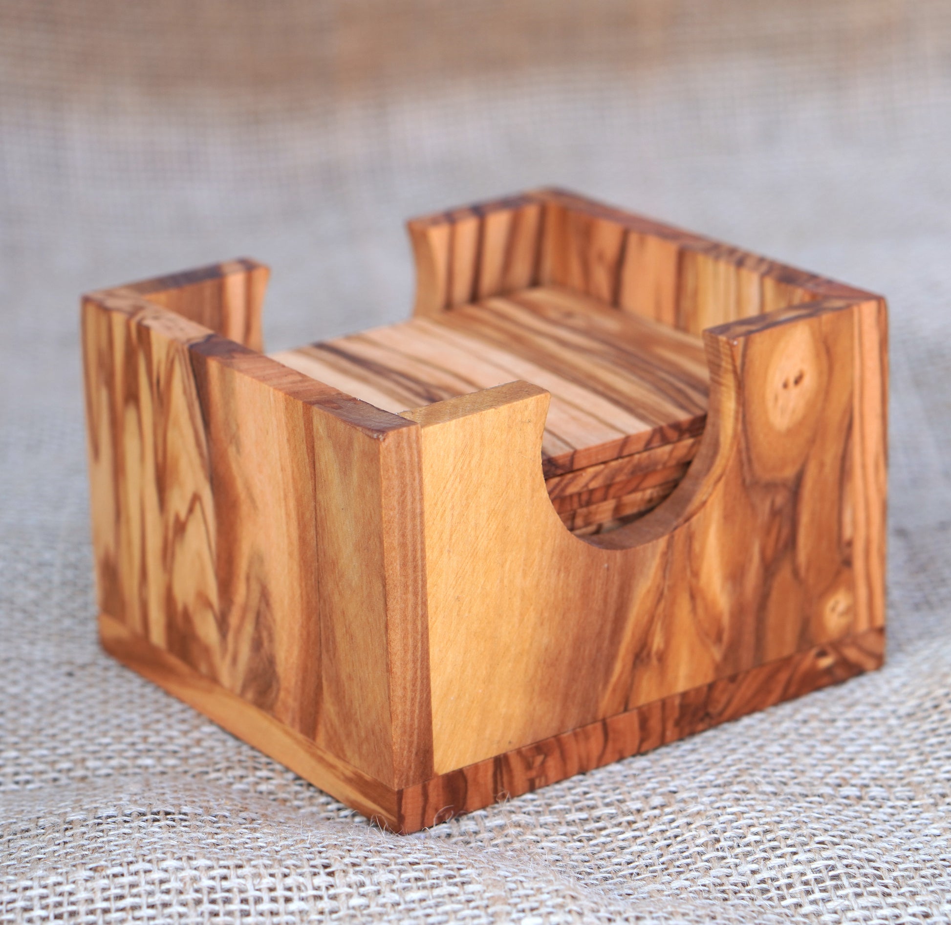 Set of 12 Coasters in a square holder olive wood