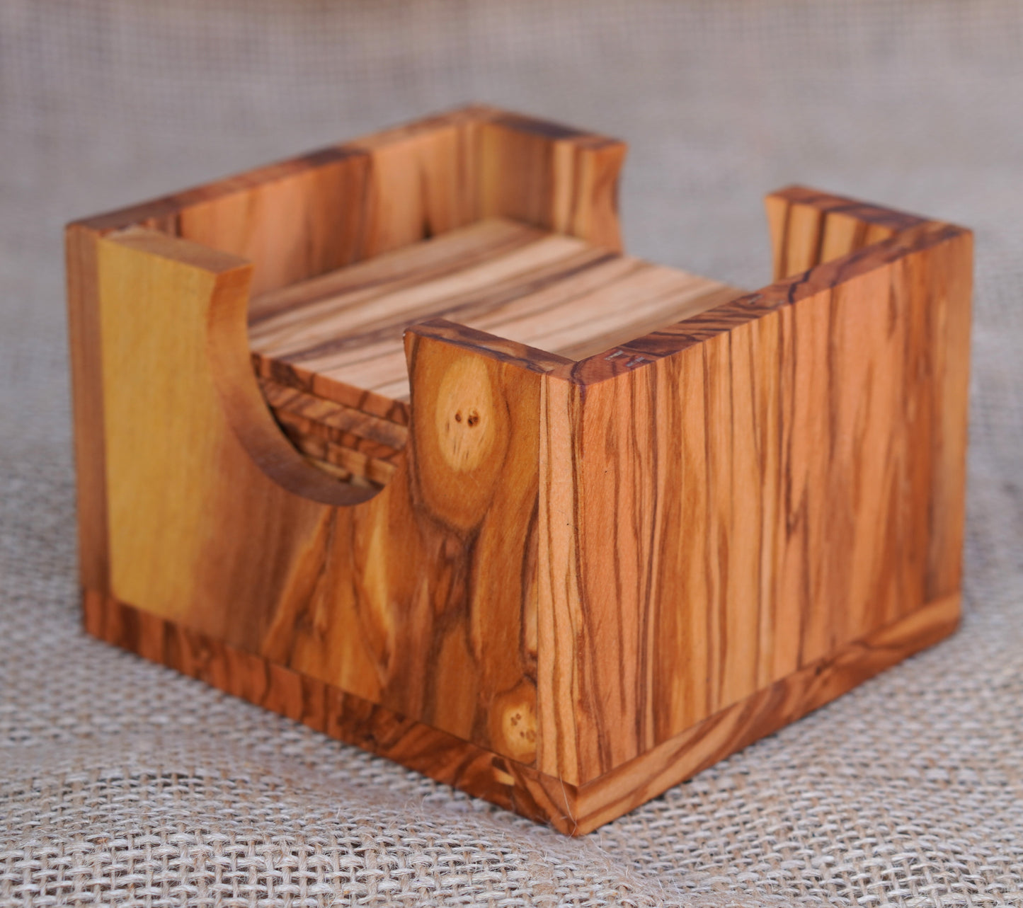 Set of 12 Coasters in a square holder olive wood