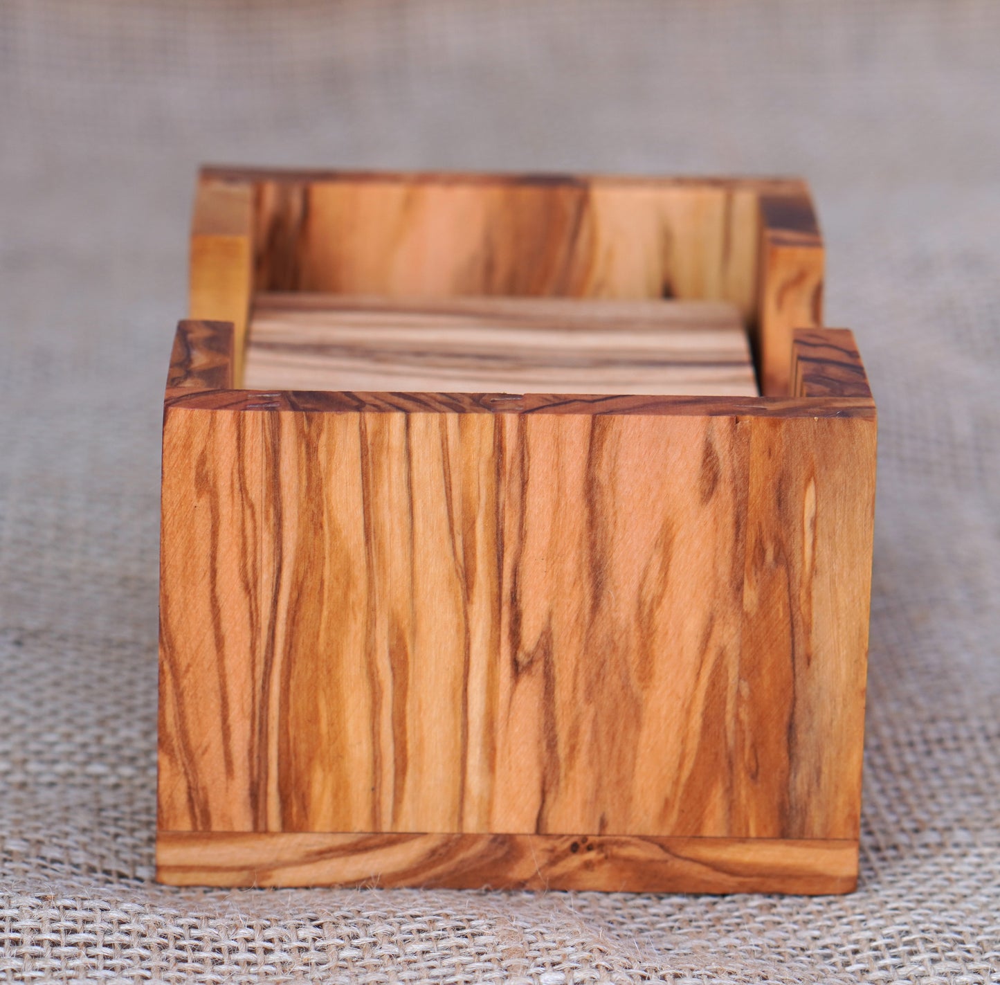 Set of 12 Coasters in a square holder olive wood