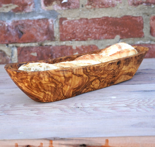 Hand-Carved Olive Wood Baguette Fruit Basket 
