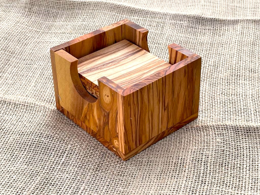 Set of 12 Coasters in a square holder olive wood