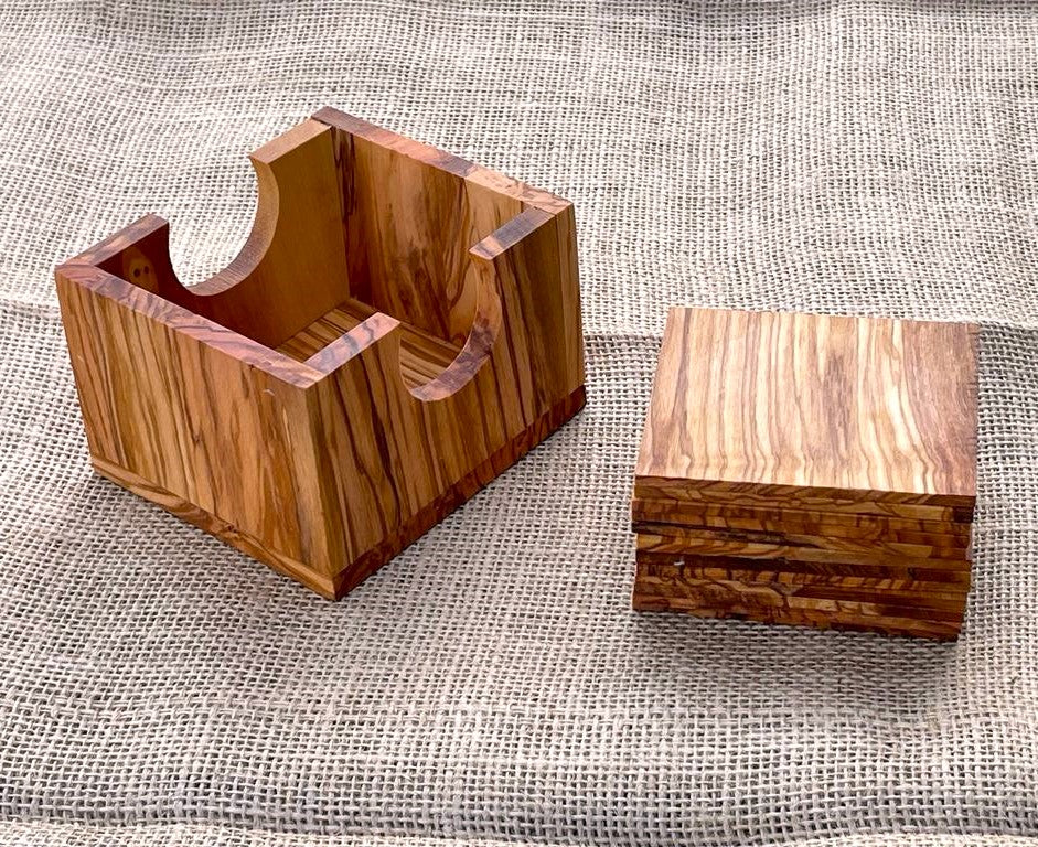 Set of 12 Coasters in a square holder olive wood